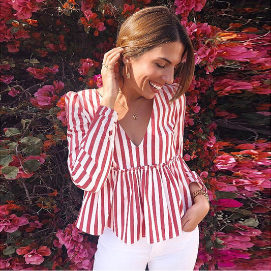 Tops Womens New Arrived Casual Striped V-Neck Full Sleeve  Shirt Brief T-Shirt