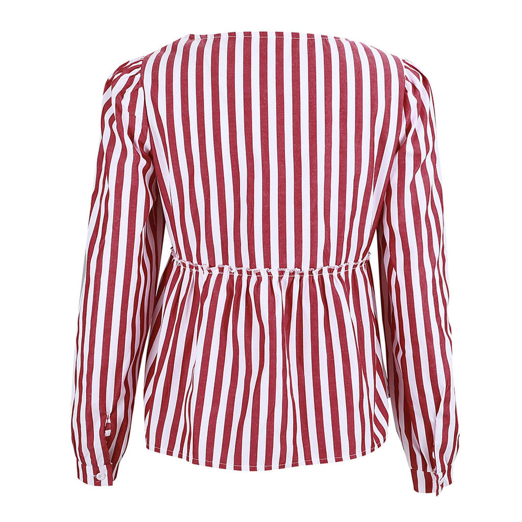 Tops Womens New Arrived Casual Striped V-Neck Full Sleeve  Shirt Brief T-Shirt