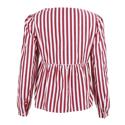 Tops Womens New Arrived Casual Striped V-Neck Full Sleeve  Shirt Brief T-Shirt