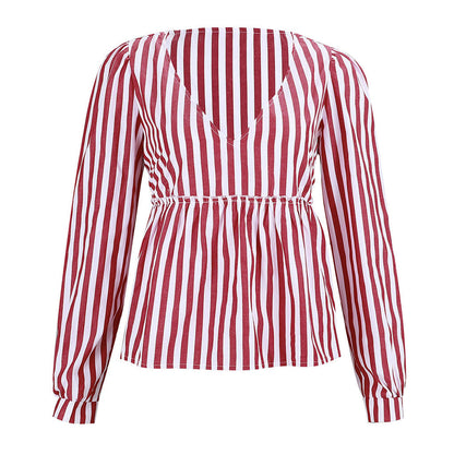 Tops Womens New Arrived Casual Striped V-Neck Full Sleeve  Shirt Brief T-Shirt