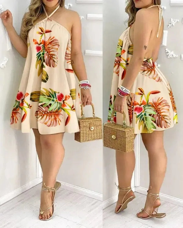Tropical Print Halter Neck Dress, Vacation Style Backless Dress For Spring & Summer, Women'S Clothing