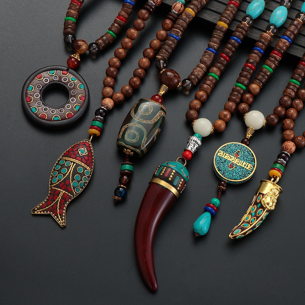 Unisex Handmade Necklace Nepal Buddhist Mala Wood Beads Pendant & Necklace Ethnic Fish Horn Long Statement Men Women'S Jewelry