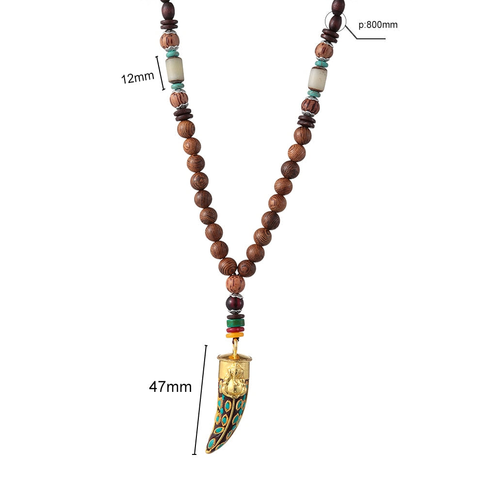 Unisex Handmade Necklace Nepal Buddhist Mala Wood Beads Pendant & Necklace Ethnic Fish Horn Long Statement Men Women'S Jewelry