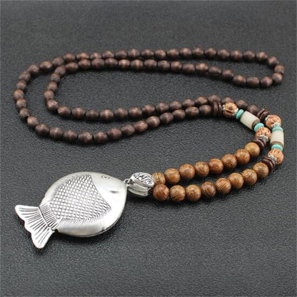 Unisex Handmade Necklace Nepal Buddhist Mala Wood Beads Pendant & Necklace Ethnic Fish Horn Long Statement Men Women'S Jewelry