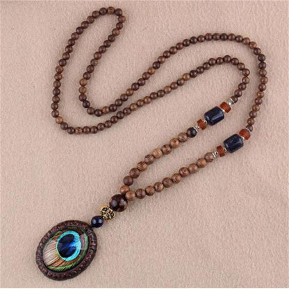 Unisex Handmade Necklace Nepal Buddhist Mala Wood Beads Pendant & Necklace Ethnic Fish Horn Long Statement Men Women'S Jewelry