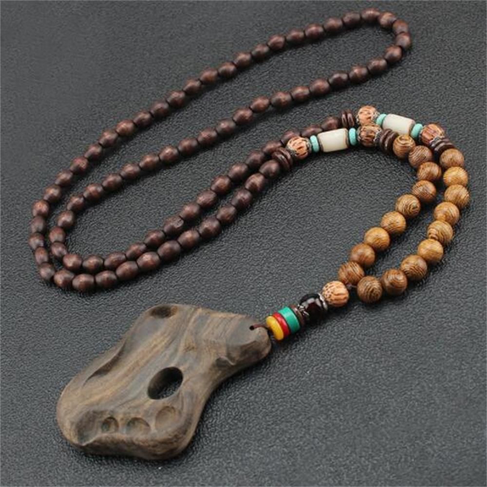 Unisex Handmade Necklace Nepal Buddhist Mala Wood Beads Pendant & Necklace Ethnic Fish Horn Long Statement Men Women'S Jewelry
