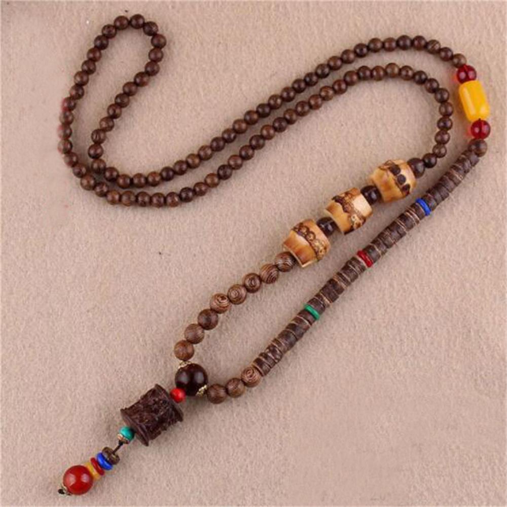 Unisex Handmade Necklace Nepal Buddhist Mala Wood Beads Pendant & Necklace Ethnic Fish Horn Long Statement Men Women'S Jewelry