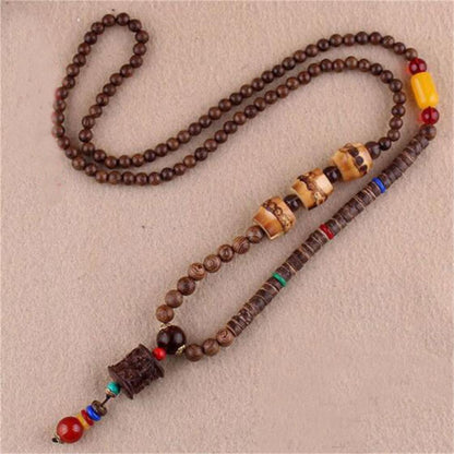Unisex Handmade Necklace Nepal Buddhist Mala Wood Beads Pendant & Necklace Ethnic Fish Horn Long Statement Men Women'S Jewelry