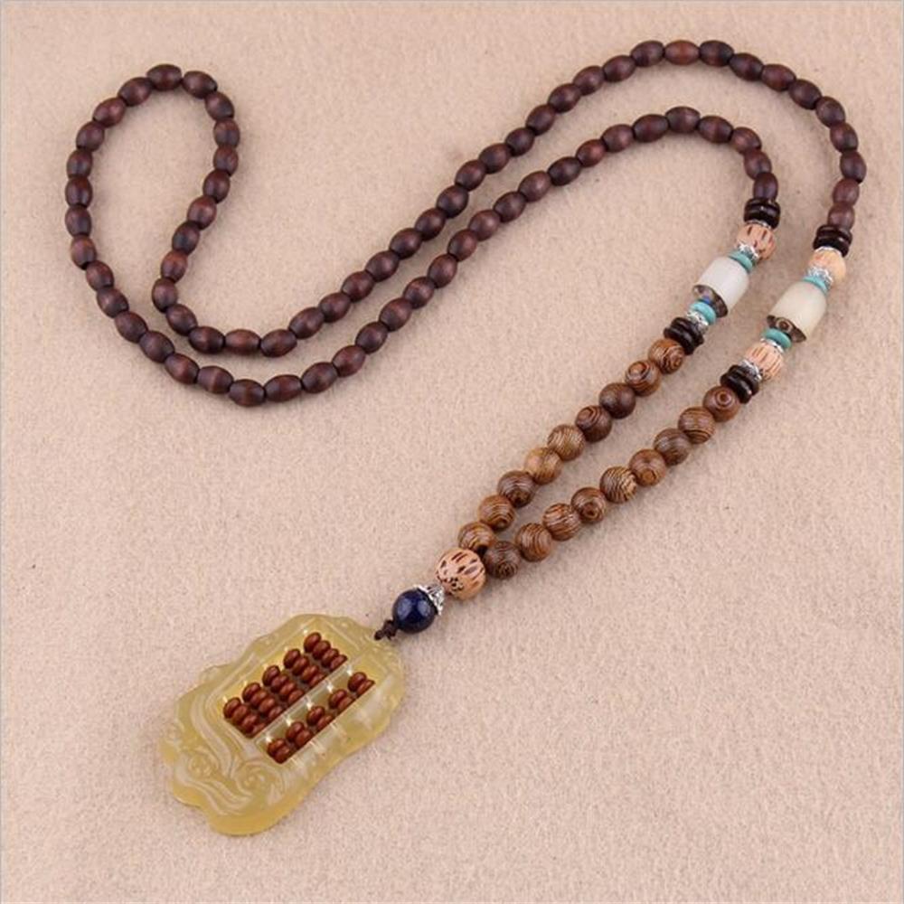 Unisex Handmade Necklace Nepal Buddhist Mala Wood Beads Pendant & Necklace Ethnic Fish Horn Long Statement Men Women'S Jewelry