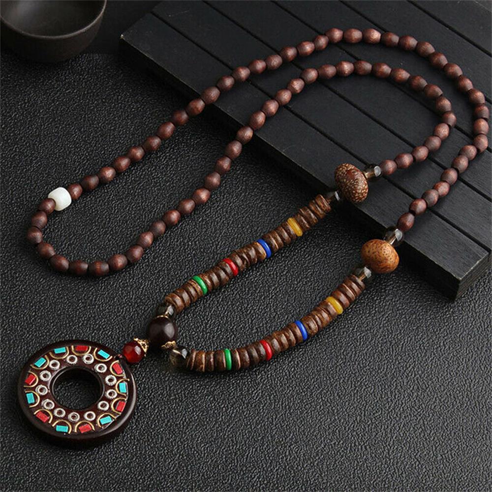 Unisex Handmade Necklace Nepal Buddhist Mala Wood Beads Pendant & Necklace Ethnic Fish Horn Long Statement Men Women'S Jewelry