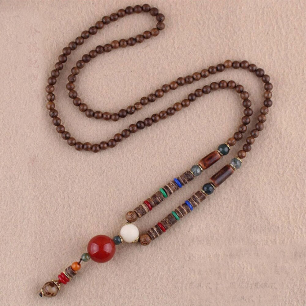 Unisex Handmade Necklace Nepal Buddhist Mala Wood Beads Pendant & Necklace Ethnic Fish Horn Long Statement Men Women'S Jewelry
