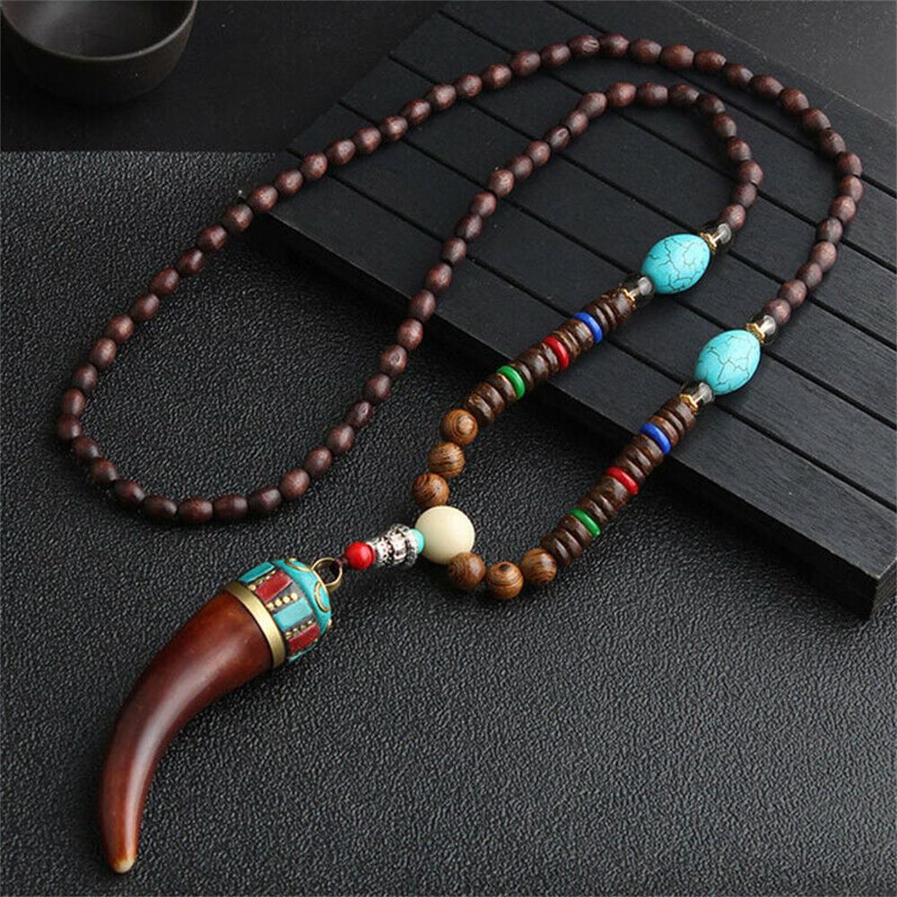 Unisex Handmade Necklace Nepal Buddhist Mala Wood Beads Pendant & Necklace Ethnic Fish Horn Long Statement Men Women'S Jewelry