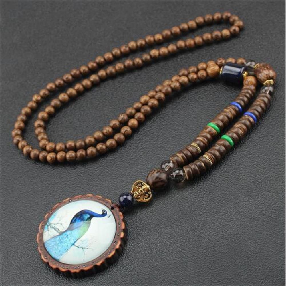 Unisex Handmade Necklace Nepal Buddhist Mala Wood Beads Pendant & Necklace Ethnic Fish Horn Long Statement Men Women'S Jewelry