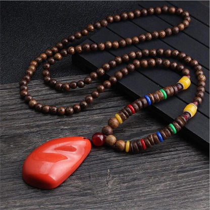 Unisex Handmade Necklace Nepal Buddhist Mala Wood Beads Pendant & Necklace Ethnic Fish Horn Long Statement Men Women'S Jewelry