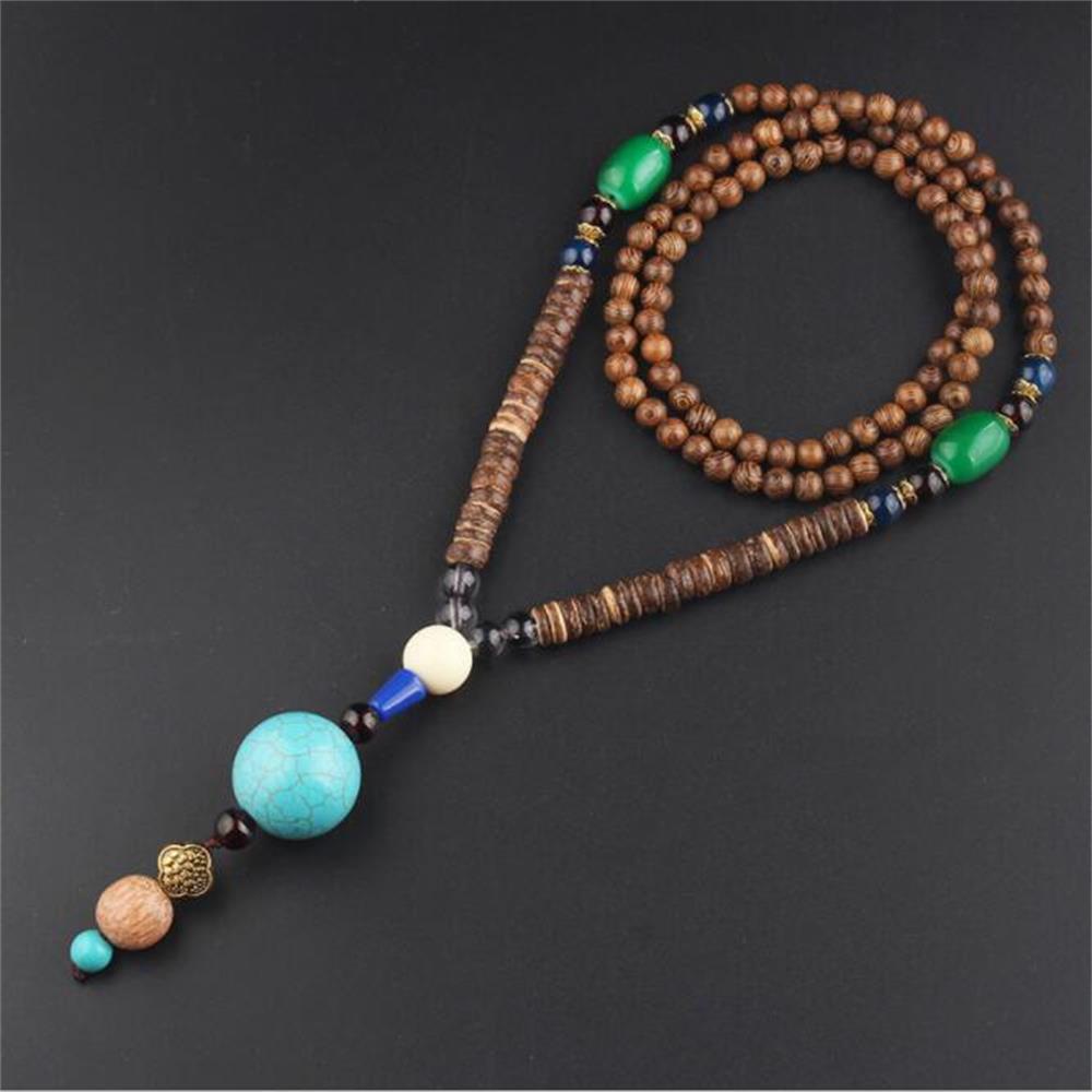 Unisex Handmade Necklace Nepal Buddhist Mala Wood Beads Pendant & Necklace Ethnic Fish Horn Long Statement Men Women'S Jewelry