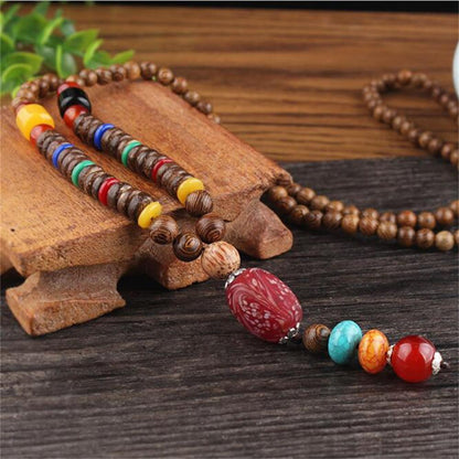 Unisex Handmade Necklace Nepal Buddhist Mala Wood Beads Pendant & Necklace Ethnic Fish Horn Long Statement Men Women'S Jewelry