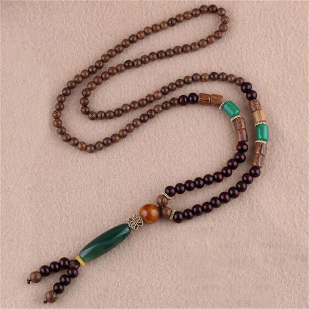 Unisex Handmade Necklace Nepal Buddhist Mala Wood Beads Pendant & Necklace Ethnic Fish Horn Long Statement Men Women'S Jewelry