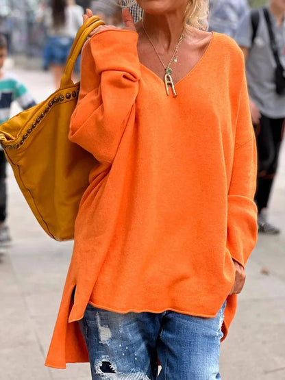 V Neck Knit Sweater, Casual Long Sleeve Dipped Hem Oversized Sweater, Women'S Clothing