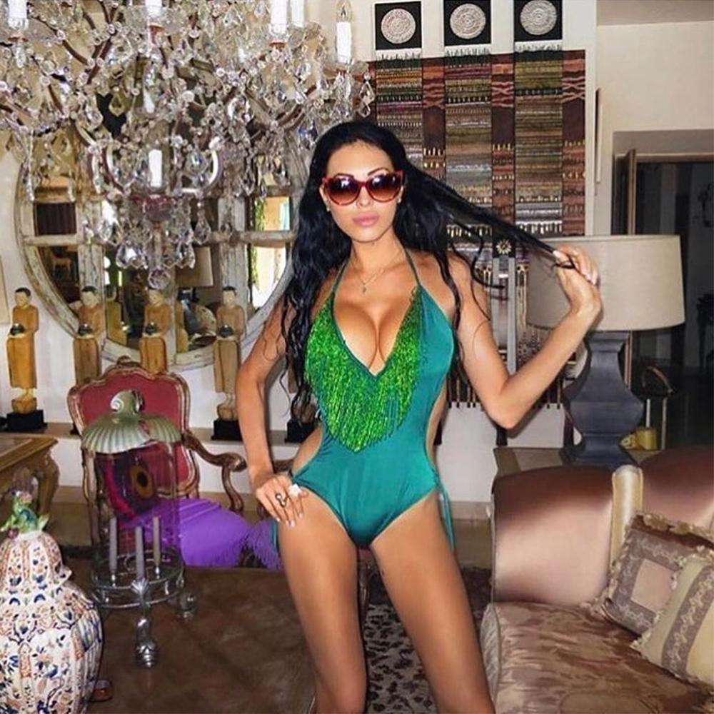 Deep V-Neck Tassels Halterneck One-Piece Swimwear