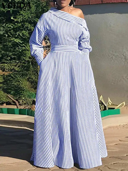 Vonda 2024 Women Elegant Striped Maxi Dress Bohemian Sundress Casual Loose Off Shoulder Long Sleeve Party Vestidos Robe Femme
