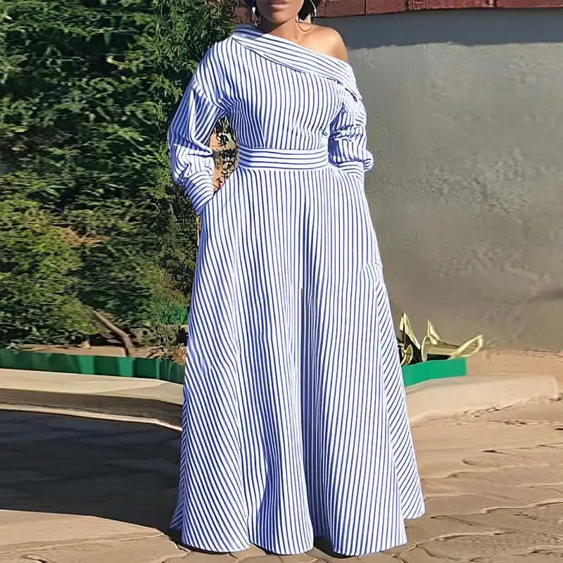 Vonda 2024 Women Elegant Striped Maxi Dress Bohemian Sundress Casual Loose Off Shoulder Long Sleeve Party Vestidos Robe Femme