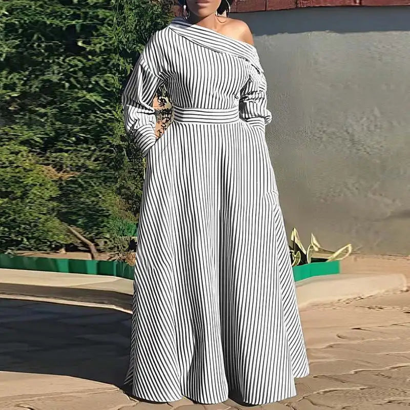 Vonda 2024 Women Elegant Striped Maxi Dress Bohemian Sundress Casual Loose Off Shoulder Long Sleeve Party Vestidos Robe Femme