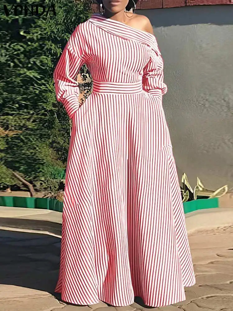 Vonda 2024 Women Elegant Striped Maxi Dress Bohemian Sundress Casual Loose Off Shoulder Long Sleeve Party Vestidos Robe Femme