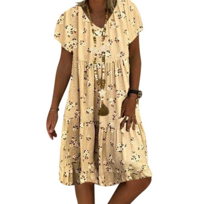 Summer Fashion Women Floral Print  V Neck Short Sleeve Dress