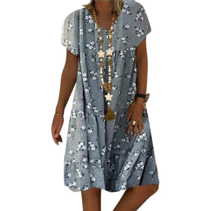Summer Fashion Women Floral Print  V Neck Short Sleeve Dress