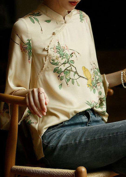 Vintage Beige Mandarin Collar side open Print Silk top long sleeve