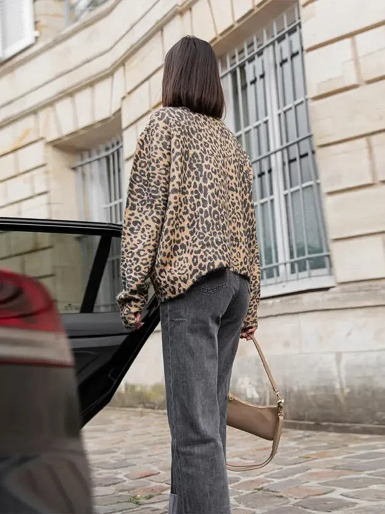 Vintage Leopard Print Single Breasted Women'S Cardigan Fashion O Neck Long Sleeved Short Cardigans 2024 Casual Lady Streetwear
