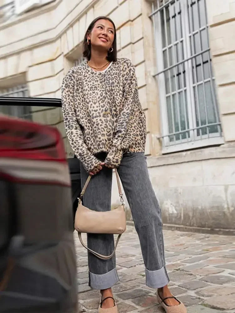 Vintage Leopard Print Single Breasted Women'S Cardigan Fashion O Neck Long Sleeved Short Cardigans 2024 Casual Lady Streetwear