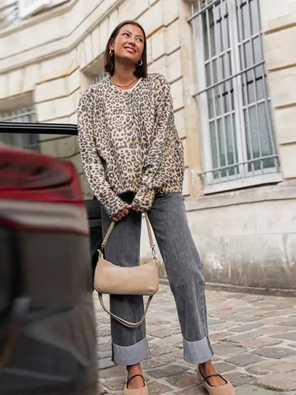 Vintage Leopard Print Single Breasted Women'S Cardigan Fashion O Neck Long Sleeved Short Cardigans 2024 Casual Lady Streetwear