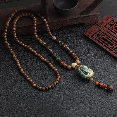 Vintage Nepal Long Buddhist Mala Wood Beaded Pendant & Necklace Ethnic Bohemian Boho Buddha Lucky Jewelry For Women Men