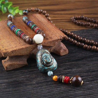 Vintage Nepal Long Buddhist Mala Wood Beaded Pendant & Necklace Ethnic Bohemian Boho Buddha Lucky Jewelry For Women Men