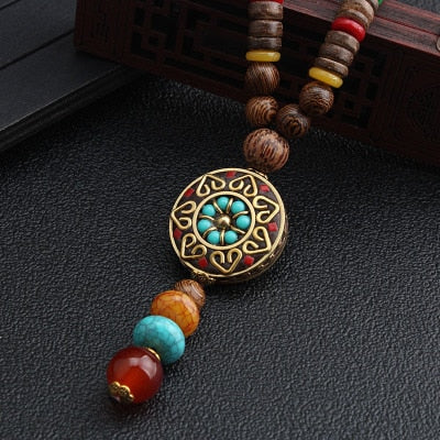 Vintage Nepal Long Buddhist Mala Wood Beaded Pendant & Necklace Ethnic Bohemian Boho Buddha Lucky Jewelry For Women Men