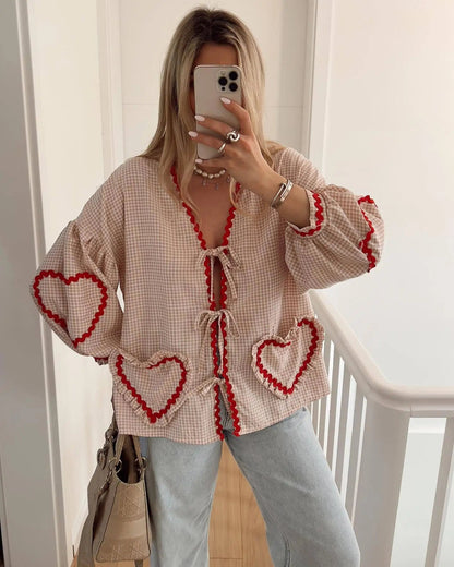 Vintage Women Loose Heart Pockets Shirts 2024 Fashion Ladies Casual V Neck Bow Buttons Blouses For Female Chic Tops Clothes