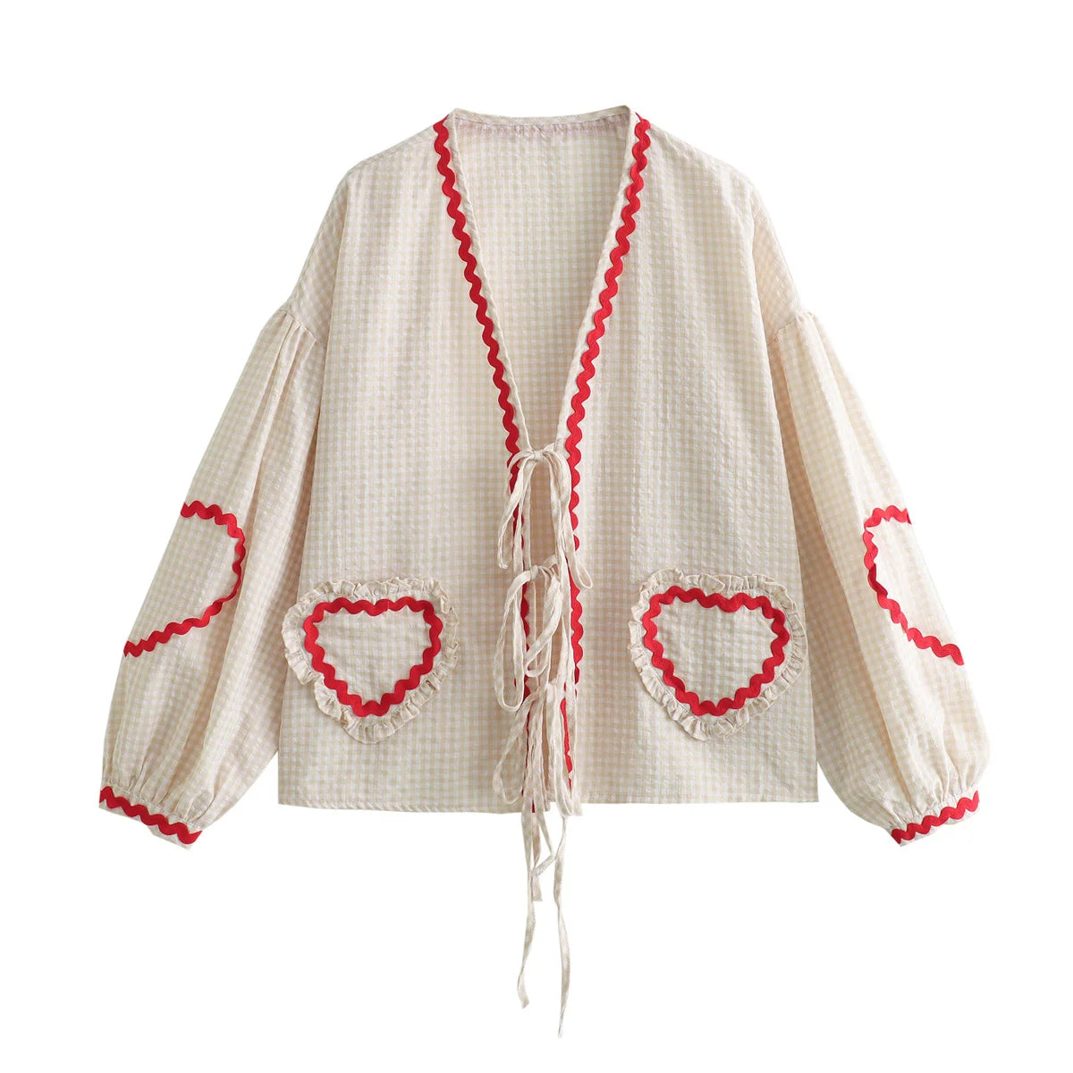 Vintage Women Loose Heart Pockets Shirts 2024 Fashion Ladies Casual V Neck Bow Buttons Blouses For Female Chic Tops Clothes