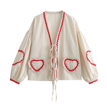 Vintage Women Loose Heart Pockets Shirts 2024 Fashion Ladies Casual V Neck Bow Buttons Blouses For Female Chic Tops Clothes