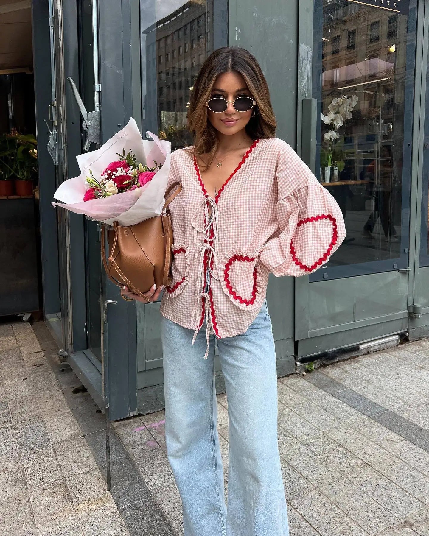 Vintage Women Loose Heart Pockets Shirts 2024 Fashion Ladies Casual V Neck Bow Buttons Blouses For Female Chic Tops Clothes
