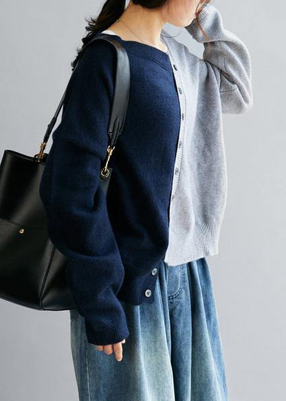 Vintage blue clothes v neck patchwork Loose fitting fall sweaters