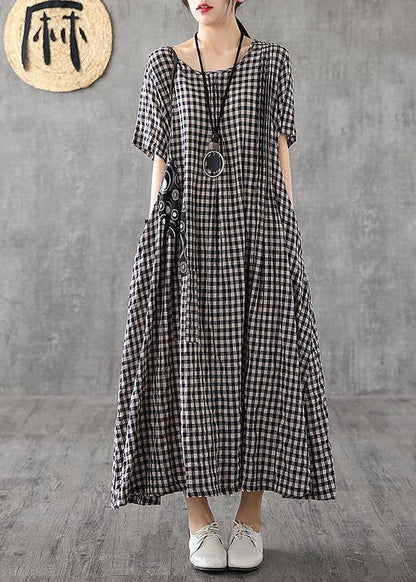 Vivid patchwork linen quilting dresses Runway black plaid Dresses summer