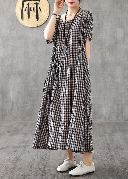 Vivid patchwork linen quilting dresses Runway black plaid Dresses summer