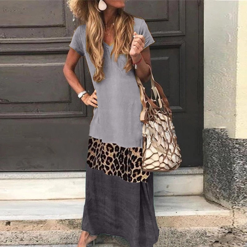 Women Vintage Leopard Fashion Casual Long Dress