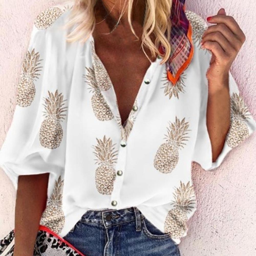 Women Blouse Sexy V-Neck Tops Pineapple Printed Shirts