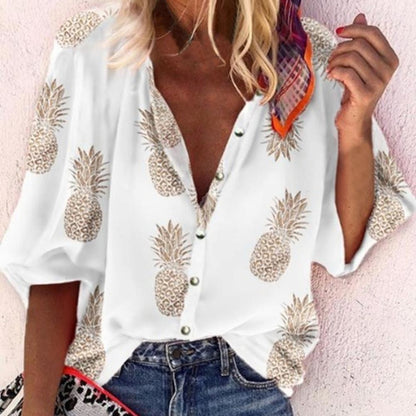 Women Blouse Sexy V-Neck Tops Pineapple Printed Shirts