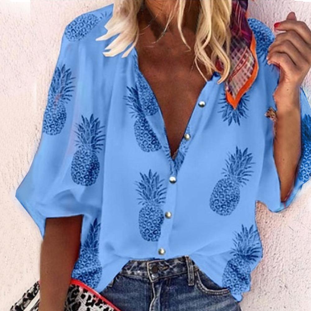 Women Blouse Sexy V-Neck Tops Pineapple Printed Shirts