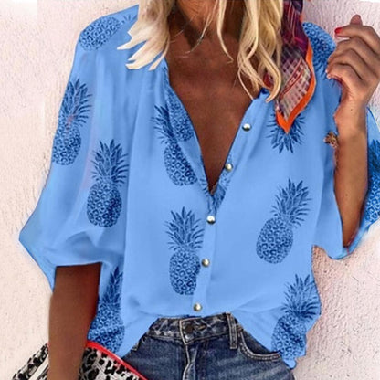 Women Blouse Sexy V-Neck Tops Pineapple Printed Shirts