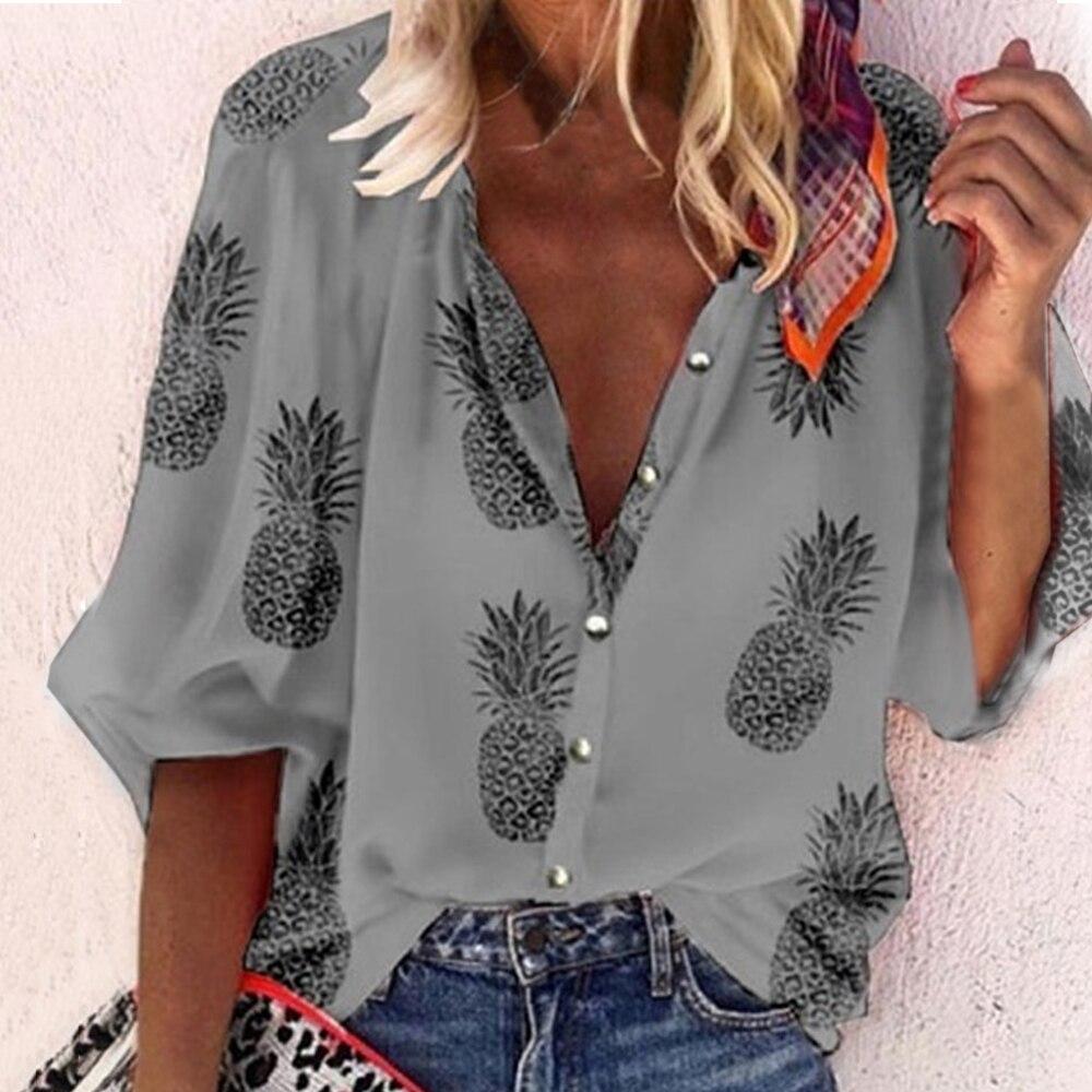 Women Blouse Sexy V-Neck Tops Pineapple Printed Shirts
