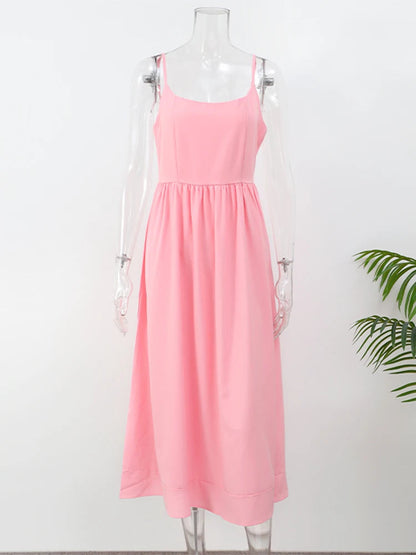 Women Elegant Solid Spaghetti Strap Midi Dress Fashion U-Neck Sleeveless Backless Pocket Dresses Summer Lady Party A-Line Robes